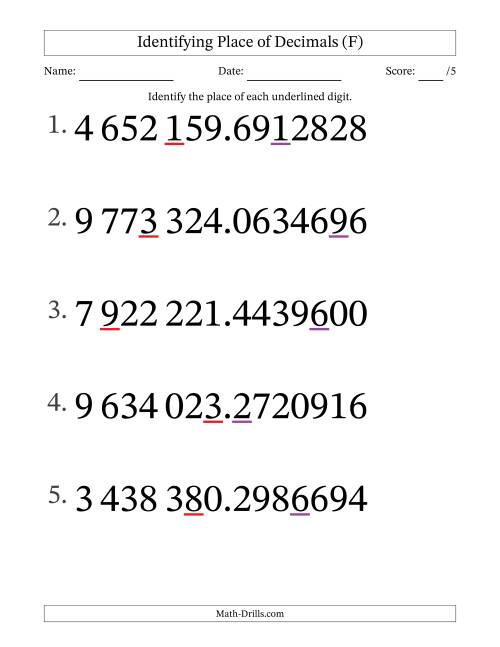 The SI Format Identifying Place of Decimal Numbers from Ten Millionths to Millions (Large Print) (F) Math Worksheet