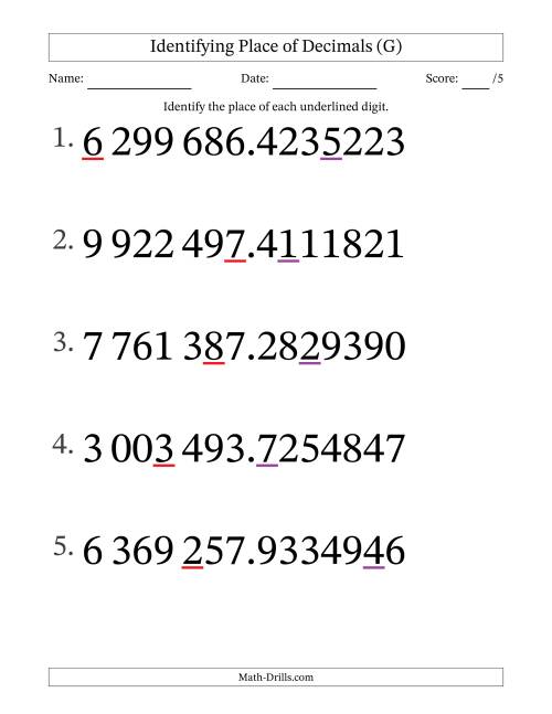 The SI Format Identifying Place of Decimal Numbers from Ten Millionths to Millions (Large Print) (G) Math Worksheet