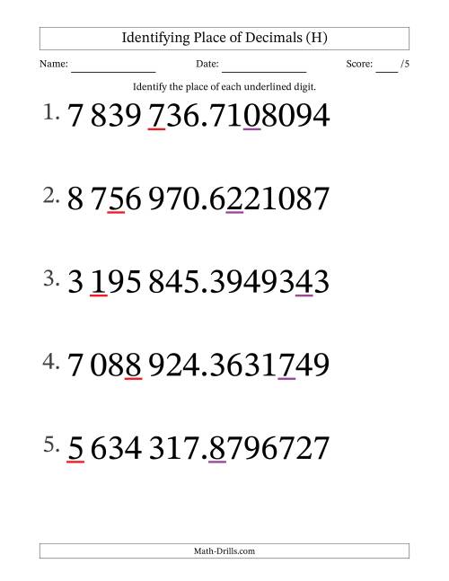 The SI Format Identifying Place of Decimal Numbers from Ten Millionths to Millions (Large Print) (H) Math Worksheet