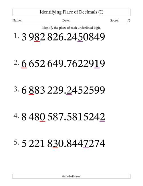 The SI Format Identifying Place of Decimal Numbers from Ten Millionths to Millions (Large Print) (I) Math Worksheet