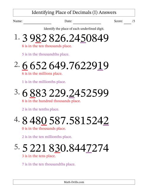 The SI Format Identifying Place of Decimal Numbers from Ten Millionths to Millions (Large Print) (I) Math Worksheet Page 2