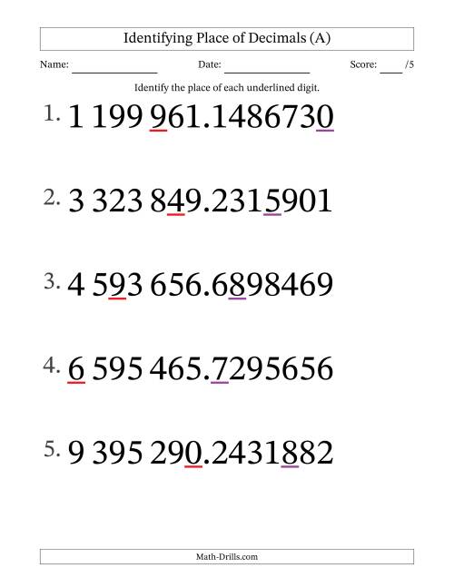 The SI Format Identifying Place of Decimal Numbers from Ten Millionths to Millions (Large Print) (All) Math Worksheet