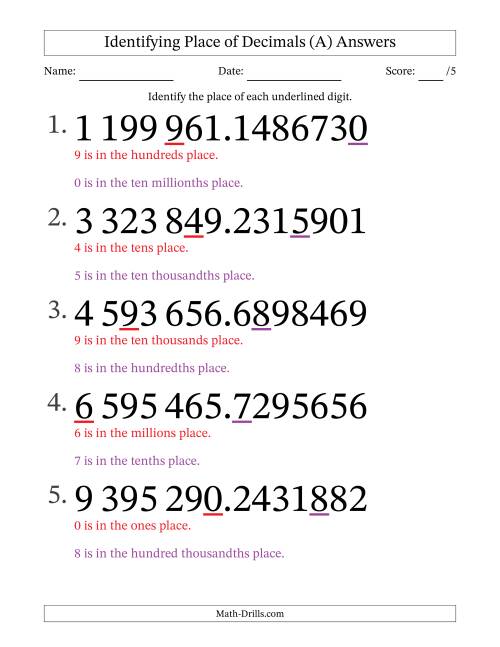 The SI Format Identifying Place of Decimal Numbers from Ten Millionths to Millions (Large Print) (All) Math Worksheet Page 2