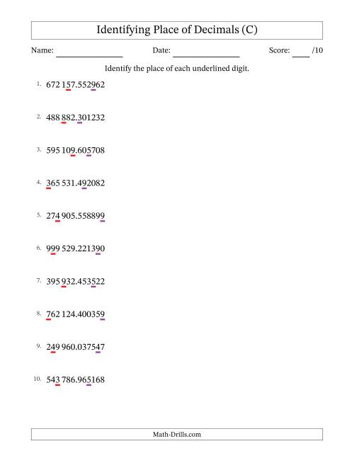 The SI Format Identifying Place of Decimal Numbers from Millionths to Hundred Thousands (C) Math Worksheet