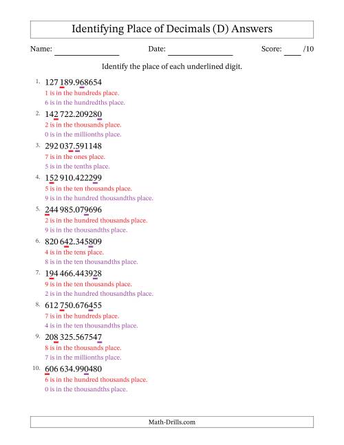 The SI Format Identifying Place of Decimal Numbers from Millionths to Hundred Thousands (D) Math Worksheet Page 2