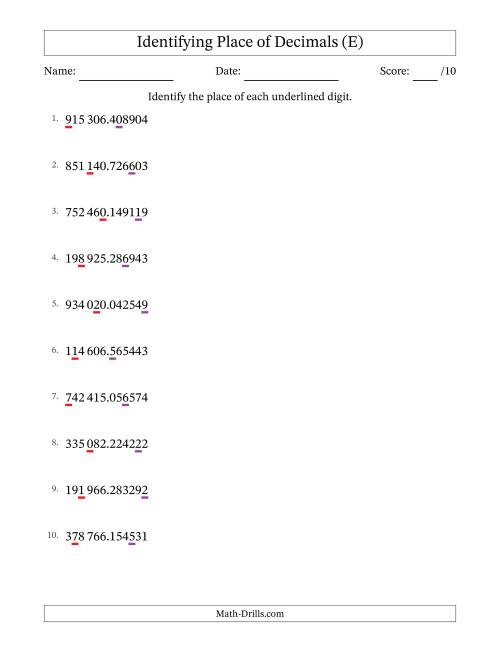 The SI Format Identifying Place of Decimal Numbers from Millionths to Hundred Thousands (E) Math Worksheet