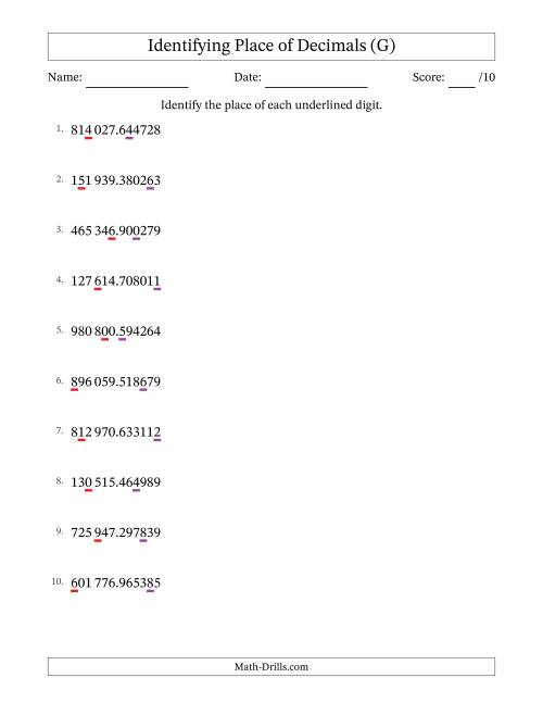 The SI Format Identifying Place of Decimal Numbers from Millionths to Hundred Thousands (G) Math Worksheet