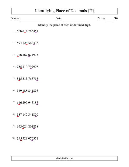The SI Format Identifying Place of Decimal Numbers from Millionths to Hundred Thousands (H) Math Worksheet