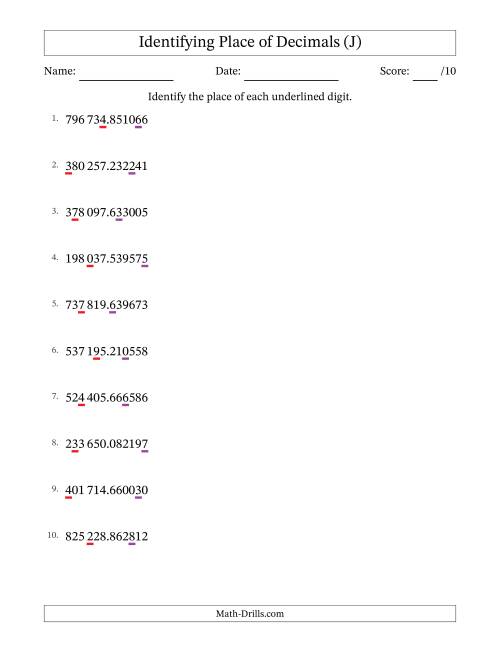 The SI Format Identifying Place of Decimal Numbers from Millionths to Hundred Thousands (J) Math Worksheet