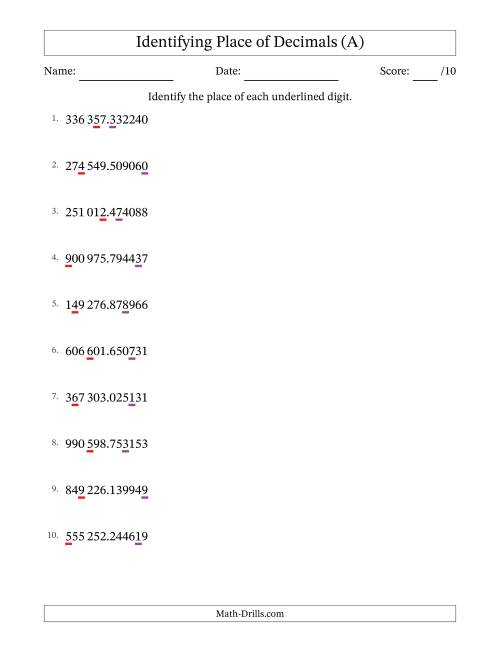 The SI Format Identifying Place of Decimal Numbers from Millionths to Hundred Thousands (All) Math Worksheet