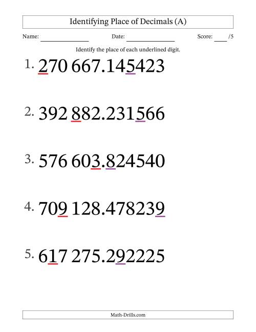 The SI Format Identifying Place of Decimal Numbers from Millionths to Hundred Thousands (Large Print) (A) Math Worksheet