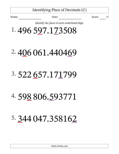 The SI Format Identifying Place of Decimal Numbers from Millionths to Hundred Thousands (Large Print) (C) Math Worksheet