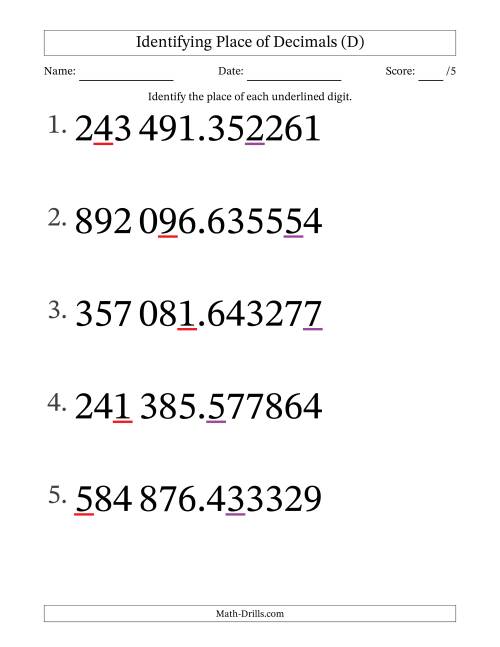 The SI Format Identifying Place of Decimal Numbers from Millionths to Hundred Thousands (Large Print) (D) Math Worksheet