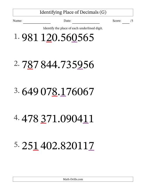 The SI Format Identifying Place of Decimal Numbers from Millionths to Hundred Thousands (Large Print) (G) Math Worksheet
