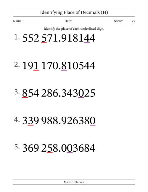 The SI Format Identifying Place of Decimal Numbers from Millionths to Hundred Thousands (Large Print) (H) Math Worksheet