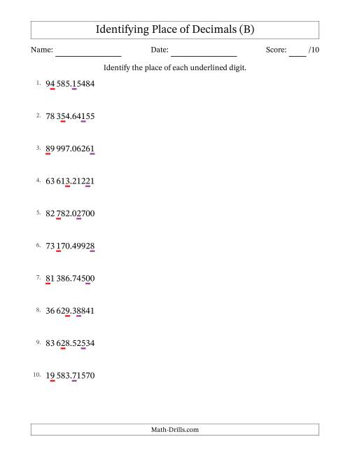 The SI Format Identifying Place of Decimal Numbers from Hundred Thousandths to Ten Thousands (B) Math Worksheet
