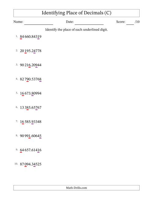 The SI Format Identifying Place of Decimal Numbers from Hundred Thousandths to Ten Thousands (C) Math Worksheet
