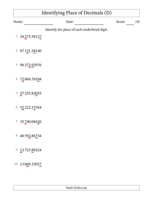 The SI Format Identifying Place of Decimal Numbers from Hundred Thousandths to Ten Thousands (D) Math Worksheet
