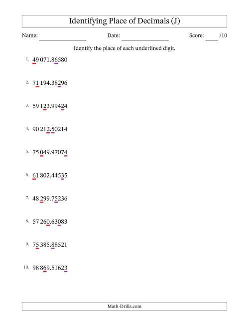 The SI Format Identifying Place of Decimal Numbers from Hundred Thousandths to Ten Thousands (J) Math Worksheet