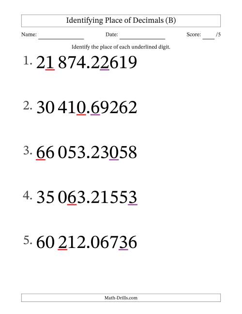 The SI Format Identifying Place of Decimal Numbers from Hundred Thousandths to Ten Thousands (Large Print) (B) Math Worksheet