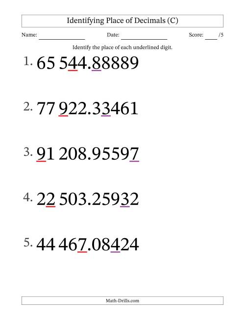 The SI Format Identifying Place of Decimal Numbers from Hundred Thousandths to Ten Thousands (Large Print) (C) Math Worksheet