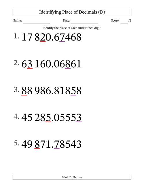 The SI Format Identifying Place of Decimal Numbers from Hundred Thousandths to Ten Thousands (Large Print) (D) Math Worksheet