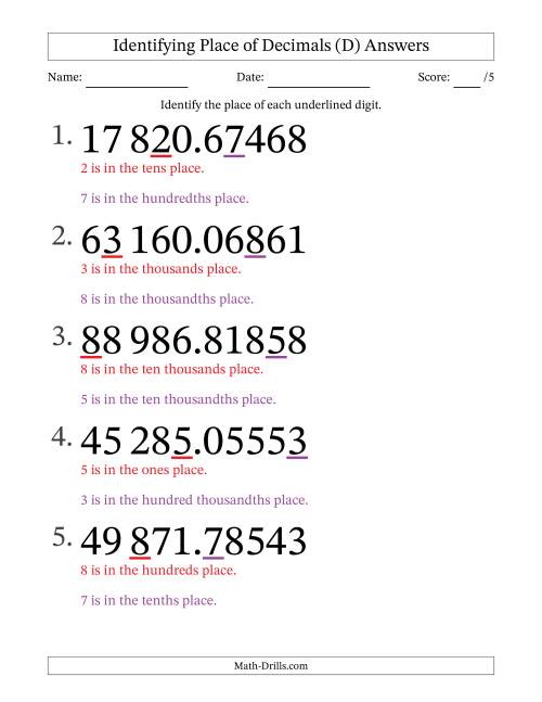 The SI Format Identifying Place of Decimal Numbers from Hundred Thousandths to Ten Thousands (Large Print) (D) Math Worksheet Page 2