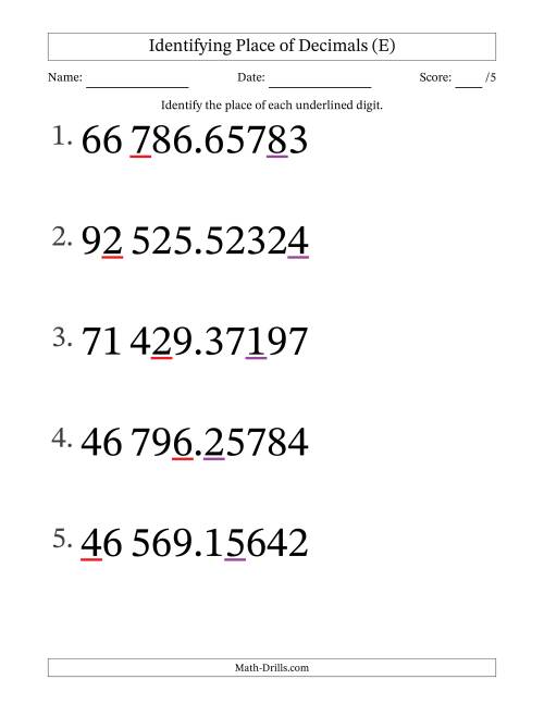 The SI Format Identifying Place of Decimal Numbers from Hundred Thousandths to Ten Thousands (Large Print) (E) Math Worksheet