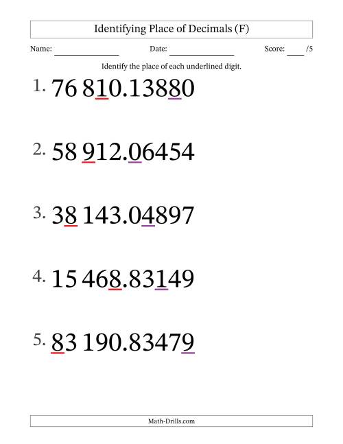 The SI Format Identifying Place of Decimal Numbers from Hundred Thousandths to Ten Thousands (Large Print) (F) Math Worksheet