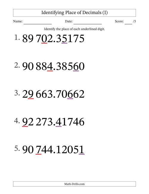 The SI Format Identifying Place of Decimal Numbers from Hundred Thousandths to Ten Thousands (Large Print) (I) Math Worksheet