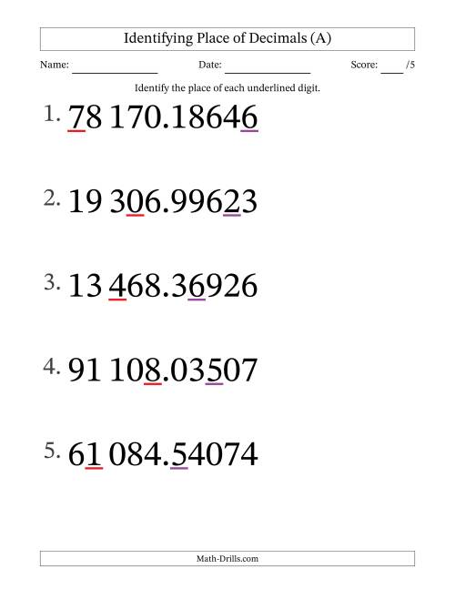 The SI Format Identifying Place of Decimal Numbers from Hundred Thousandths to Ten Thousands (Large Print) (All) Math Worksheet