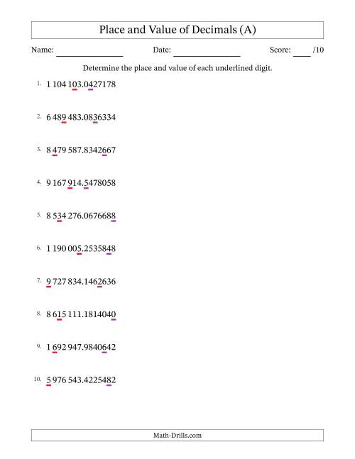 The SI Format Determining Place and Value of Decimal Numbers from Ten Millionths to Millions (A) Math Worksheet
