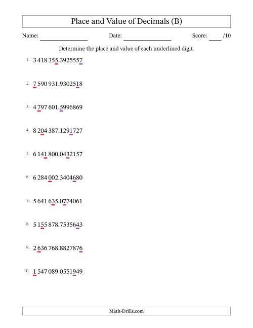 The SI Format Determining Place and Value of Decimal Numbers from Ten Millionths to Millions (B) Math Worksheet