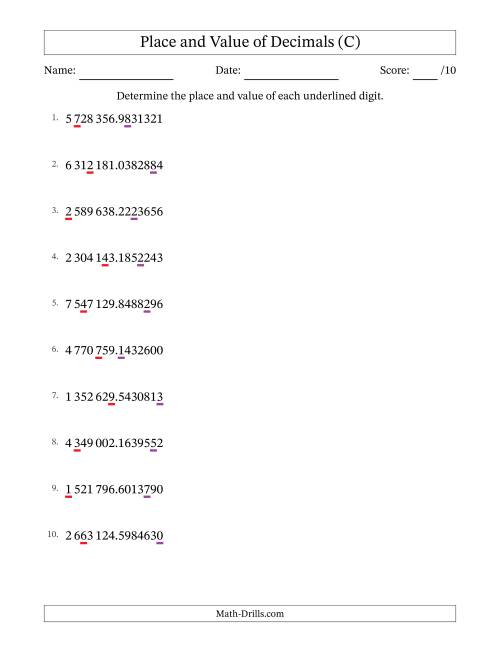 The SI Format Determining Place and Value of Decimal Numbers from Ten Millionths to Millions (C) Math Worksheet