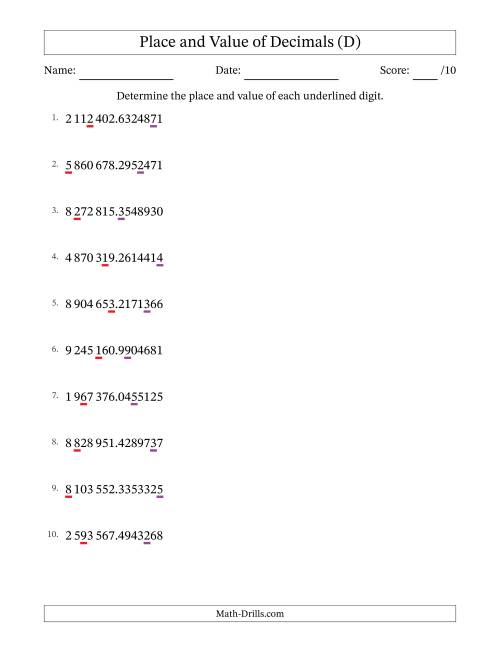 The SI Format Determining Place and Value of Decimal Numbers from Ten Millionths to Millions (D) Math Worksheet