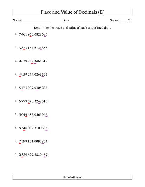 The SI Format Determining Place and Value of Decimal Numbers from Ten Millionths to Millions (E) Math Worksheet