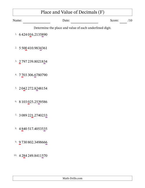 The SI Format Determining Place and Value of Decimal Numbers from Ten Millionths to Millions (F) Math Worksheet
