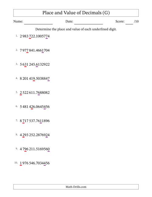 The SI Format Determining Place and Value of Decimal Numbers from Ten Millionths to Millions (G) Math Worksheet