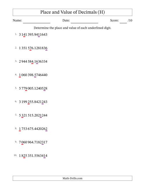 The SI Format Determining Place and Value of Decimal Numbers from Ten Millionths to Millions (H) Math Worksheet
