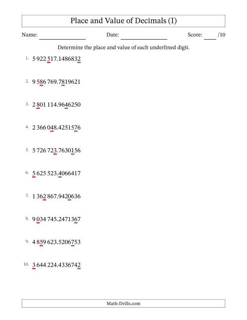 The SI Format Determining Place and Value of Decimal Numbers from Ten Millionths to Millions (I) Math Worksheet