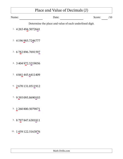 The SI Format Determining Place and Value of Decimal Numbers from Ten Millionths to Millions (J) Math Worksheet