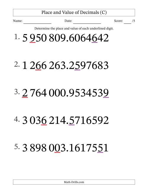 The SI Format Determining Place and Value of Decimal Numbers from Ten Millionths to Millions (Large Print) (C) Math Worksheet