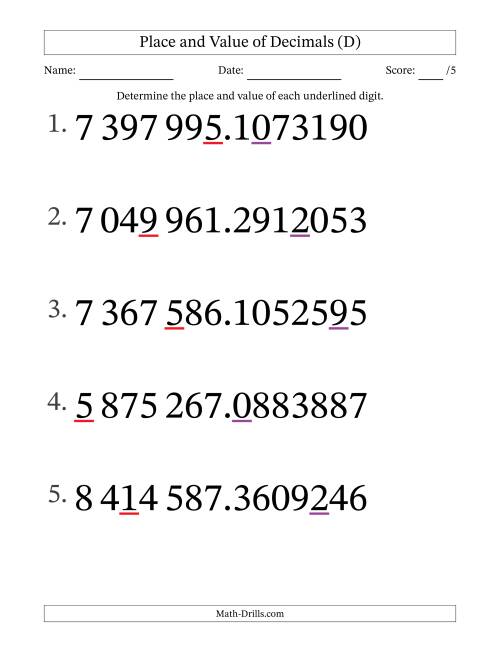 The SI Format Determining Place and Value of Decimal Numbers from Ten Millionths to Millions (Large Print) (D) Math Worksheet