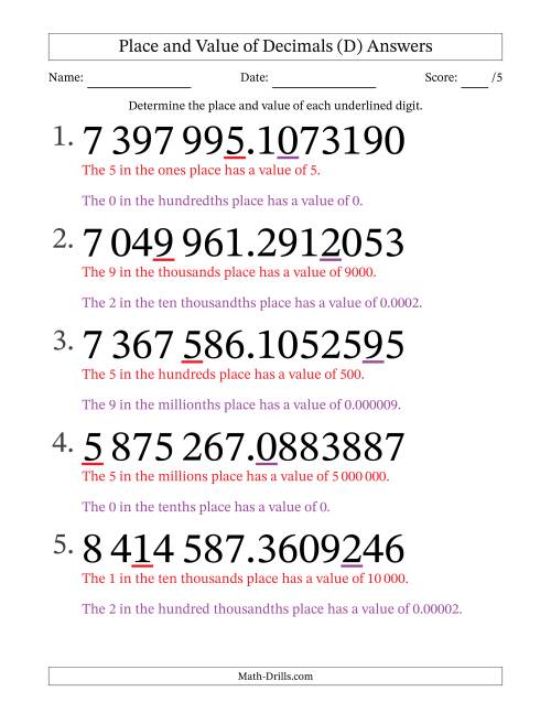 The SI Format Determining Place and Value of Decimal Numbers from Ten Millionths to Millions (Large Print) (D) Math Worksheet Page 2