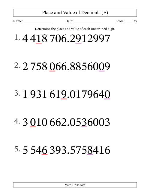 The SI Format Determining Place and Value of Decimal Numbers from Ten Millionths to Millions (Large Print) (E) Math Worksheet