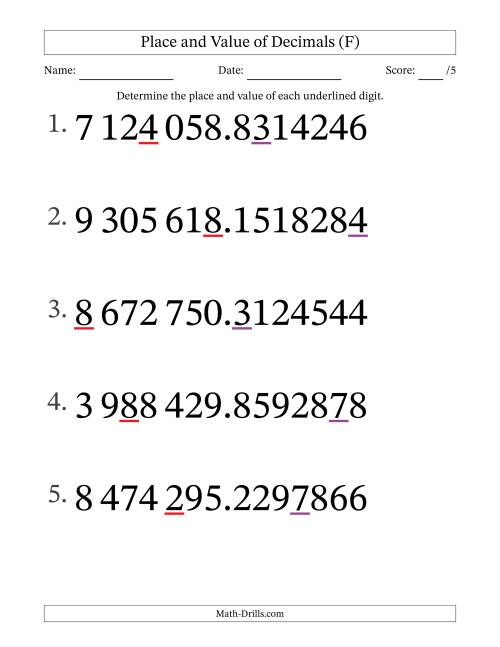 The SI Format Determining Place and Value of Decimal Numbers from Ten Millionths to Millions (Large Print) (F) Math Worksheet
