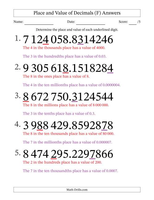The SI Format Determining Place and Value of Decimal Numbers from Ten Millionths to Millions (Large Print) (F) Math Worksheet Page 2