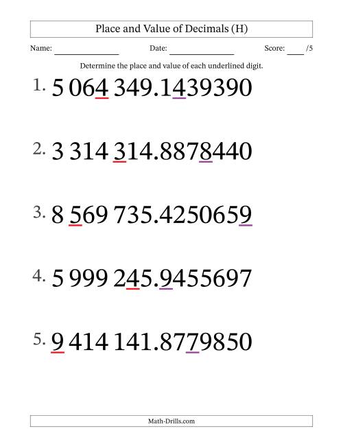 The SI Format Determining Place and Value of Decimal Numbers from Ten Millionths to Millions (Large Print) (H) Math Worksheet