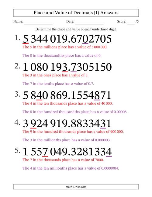 The SI Format Determining Place and Value of Decimal Numbers from Ten Millionths to Millions (Large Print) (I) Math Worksheet Page 2