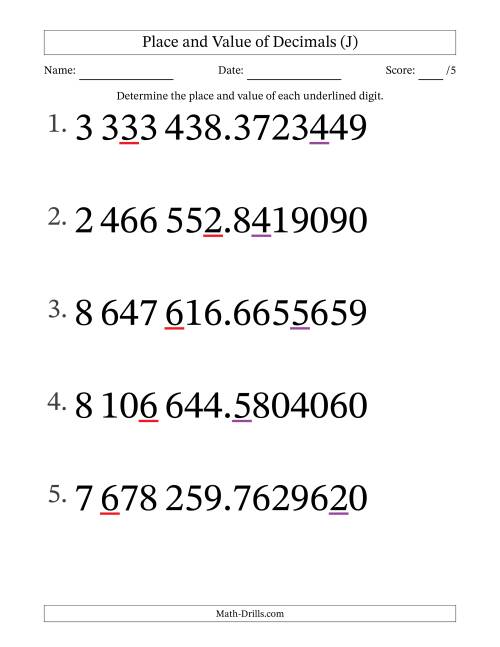The SI Format Determining Place and Value of Decimal Numbers from Ten Millionths to Millions (Large Print) (J) Math Worksheet
